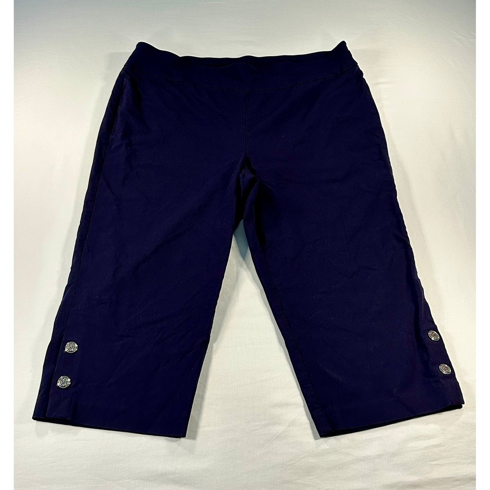 Counterparts Navy Blue Pull On Capri Pants Silver Button Hem 2X B3 - Picture 1 of 6